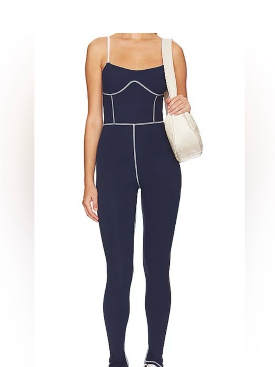 Weworewhat Silhouette Ankle Flare Jumpsuit In Solid Navy & Off White